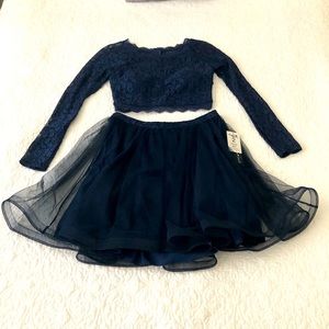 Sequin Hearts 2 Piece Navy Lace Long Sleeve Formal Skater Dress